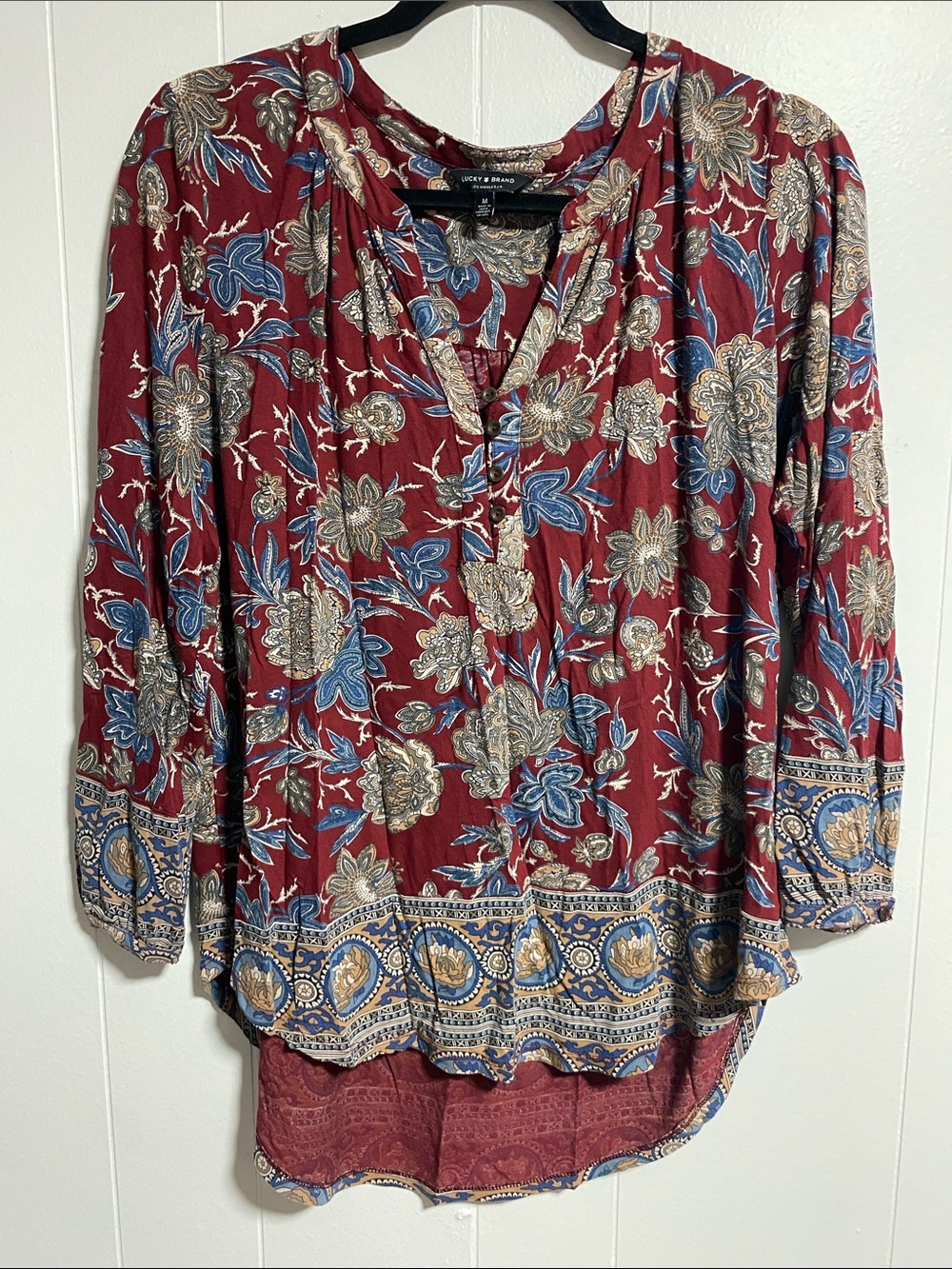 Lucky Brand Women's Red Floral Boho Blouse